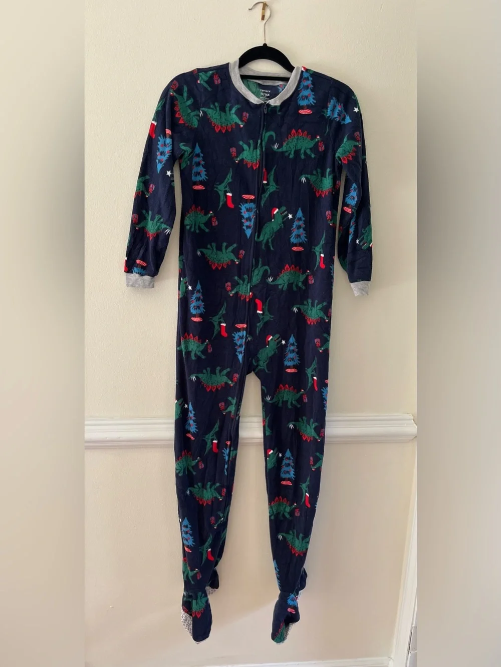 Kids Navy Dinosaur Holiday One-Piece Pajamas